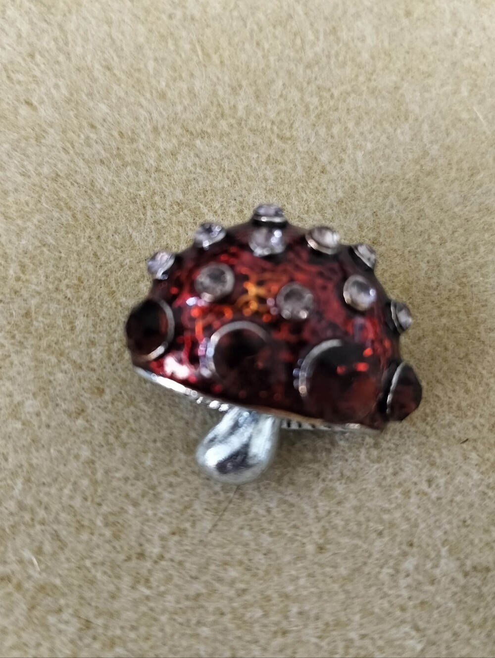 Vintage Red Rhinestone Mushroom Brooch Pin, Silver Tone, Unsigned